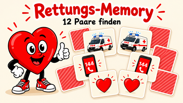 Onny und Memory-Karten mit Rettungsauto, Notruf 144 und Herzen.